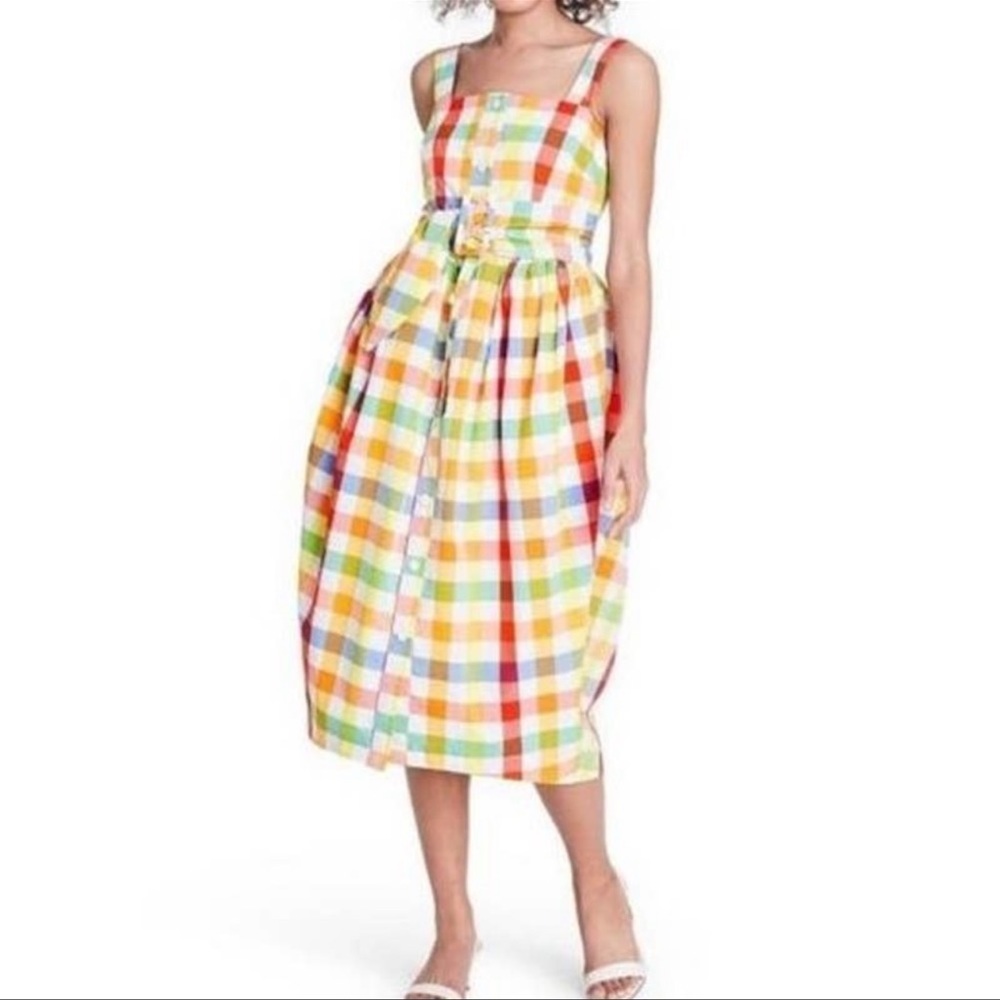 COPY - Christopher John Rogers Dress Size 6 Plaid Wide Strap Tie Waist Summer M…